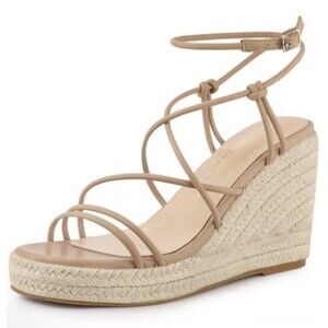 Coutgo Wedge Espadrilles Sandals Heels Womens 8.5 NWT Nude Strappy